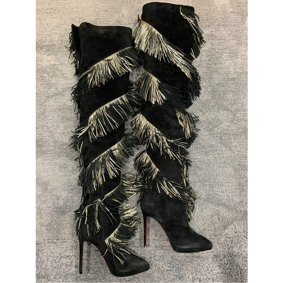 Christian Louboutin Bolcheva 120 Black Gold Fring Thigh High Knee Heel Boot 40.5 - Picture 6 of 12